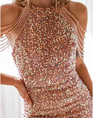 Vista 7 de PHILISENMALL Vestido de fiesta de cóctel con falda brillante para mujer, vestido ajustado con borlas y cuello redondo para actuaciones al aire libre