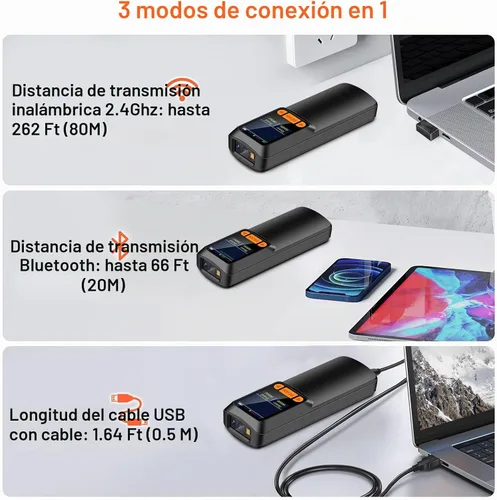 Vista 4 de Mini escáner de código de barras KUIIYER, lector de código de barras inalámbrico Bluetooth QR 1D 2D