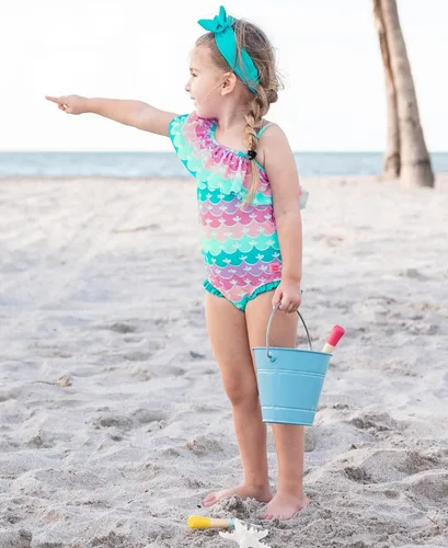 Vista 2 de RuffleButts Traje de baño de una sola pieza con volantes y protección solar UPF50+ para niñas Sirena