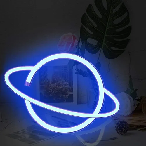 Vista 4 de Luces LED de neón, WONFAST Planet Rocket, letreros de neón acrílicos con pilas o USB, decoración de pared para habitación de niños, Navidad Azul