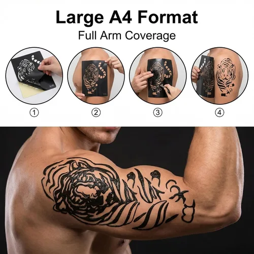 Vista 3 de 10 plantillas de tatuaje temporales de patrones grandes, 5 hojas tamaño A4, kit de plantillas de tatuaje tribal, plantillas profesionales de 3 capas