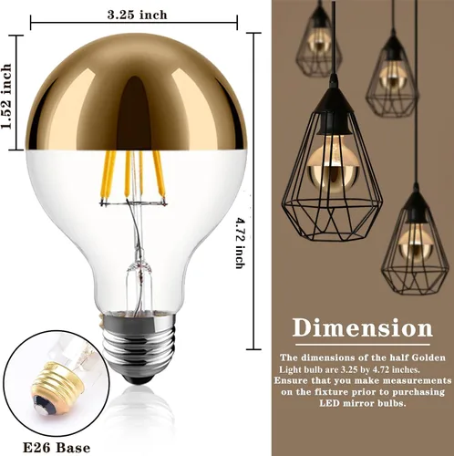 Vista 5 de Bombilla Edison media cromada, bombillas Edison incandescentes de 60 W, regulables G80/G25 en forma de globo, luz reflejada media dorada de 2000 K