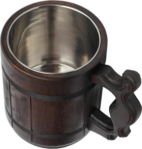 Vista 4 de Taza de madera hecha a mano de 20 onzas, taza de acero inoxidable tallada de cerveza natural, color marrón antiguo, taza de cerveza tallada