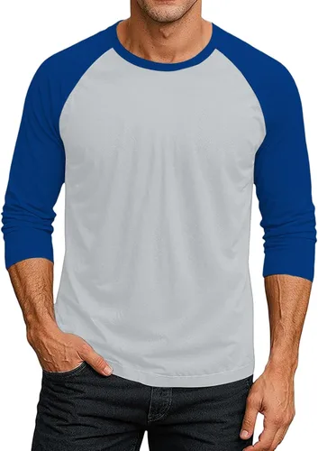Vista 18 de Camiseta de béisbol raglán para hombre, manga larga, cuello redondo, tela ligera que absorbe la humedad para uso casual