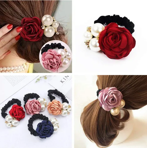 Vista 5 de LOVEF 4pcs Coreano Moda Perla Cuerda De Pelo Rosa Flor Rhinestone Lazos/Joyería Banda De Caucho