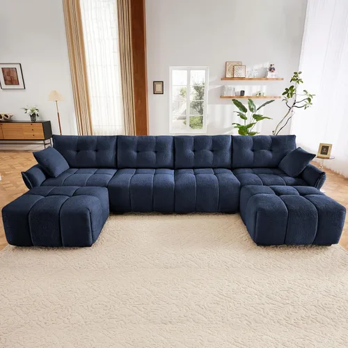 Vista 15 de Leyu&Hafort Sofá modular seccional, sofá modular Cloud con asiento profundo, moderno sofá modular con otomana móvil, sofá de felpilla con almohadas