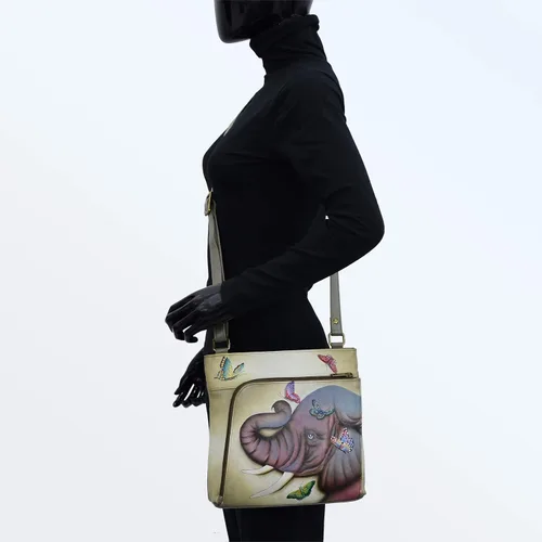 Vista 5 de Anuschka Bolso cruzado de cuero genuino pintado a mano para mujer con organizador de cremallera frontal y protección RFID, portatarjetas y ventana