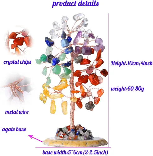 Vista 6 de Árbol de cristal de curación de 7 chakras del árbol de la vida, piedras preciosas naturales, base de rebanadas de ágata, árboles de dinero envueltos