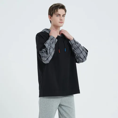Vista 6 de GURUNVANI Sudaderas con capucha de moda para hombre, con bloques de color, cuello redondo, con capucha, retazos