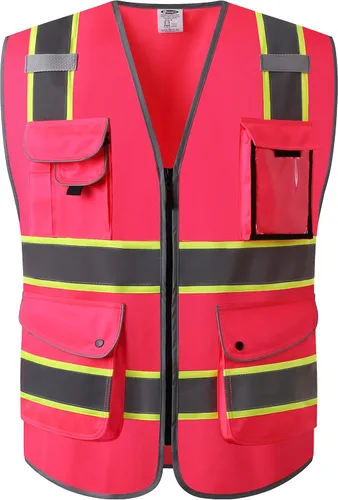 Vista 24 de JKSafety Chaleco de seguridad frontal con cremallera de alta visibilidad Clase 2 de 9 bolsillos con tiras reflectantes, cumple con las normas