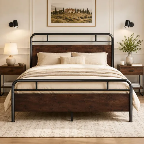 Vista 13 de SHA CERLIN Base de cama tamaño completo con cabecera de madera industrial vintage, plataforma de metal resistente con almacenamiento debajo
