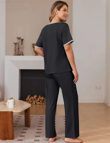 Vista 6 de Ekouaer - Conjunto de pijama de 100% algodón para mujer, manga corta, con pantalón largo, 2 piezas, juego de ropa para dormir con bolsillo