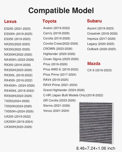 Vista 2 de Puroma Paquete de 1 filtro de aire de cabina con carbón activado, repuesto para CP157, CF12157, Select Lexus, Mazda, Subaru y Toyota Avalon, Camry