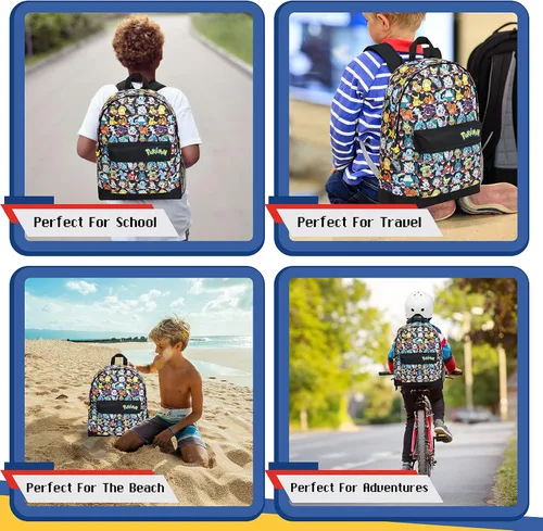 Vista 5 de Mochila Pokemon para niños, mochila escolar para niños, niñas, adolescentes, Pikachu Eevee Pokeball, Varios colores, Mochilas de mochila