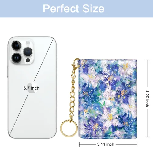 Vista 3 de Billetera triple para mujer, pequeña, delgada, con bloqueo RFID, bonito tarjetero de cuero con bolsillo largo para efectivo y llavero, Azul Flores