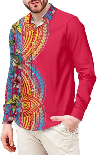 Vista 21 de Camisetas polinesias de manga larga para hombre para hombre, diseño floral de plantas tropicales, camisa con botones en la parte superior