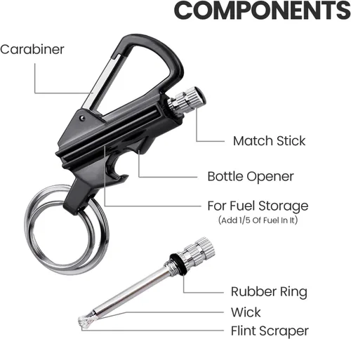Vista 6 de YUSUD Paquete de 2 llaveros para abrebotellas para hombres, partido permanente con iniciador de fuego de pedernal de doble cara, fósforo impermeable