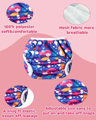 Vista 50 de Alva, Pañales de bebé para nadar, paquete de 2 unidades, talle único, reutilizable, lavable y ajustable de 0 a 36 meses. Tamaño de 10 a 40 lbs