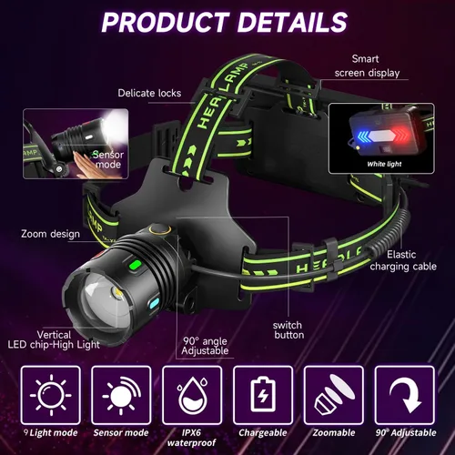 Vista 6 de Linterna frontal recargable LED súper brillante de 1200 lúmenes, lámpara frontal con 9 modos de iluminación, ajustable a 90° e impermeable IP67