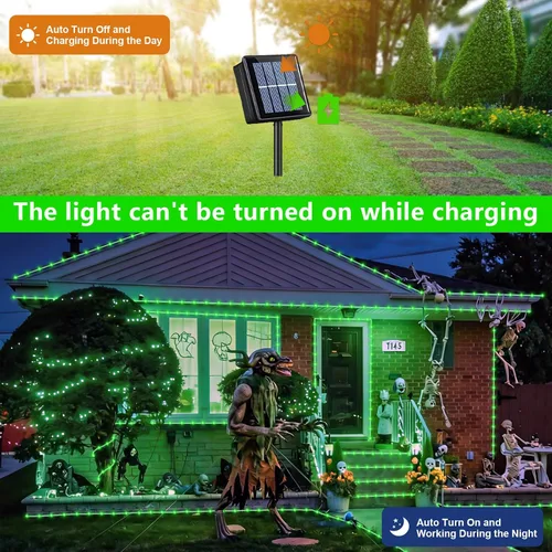 Vista 3 de QITONG Paquete de 2 luces solares verdes, cada cadena de 100 luces LED de 33 pies para exteriores, 8 modos de luces de hadas en tubo de PVC