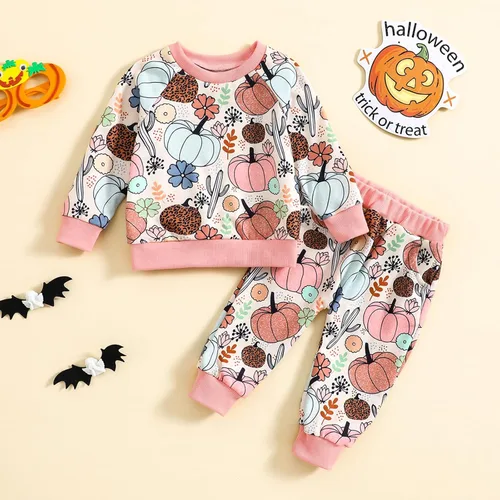 Vista 2 de Kayotuas Conjunto de camisa y pantalones de manga larga con cuello redondo para bebé, disfraz de calabaza, fantasma, calabaza, fantasma, camiseta