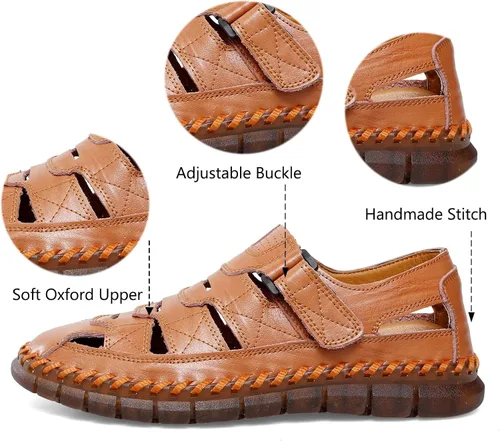 Vista 2 de MAIZUN Sandalias de cuero para hombre con puntera cerrada, zapatos de pescador de playa, sandalias deportivas de verano al aire libre