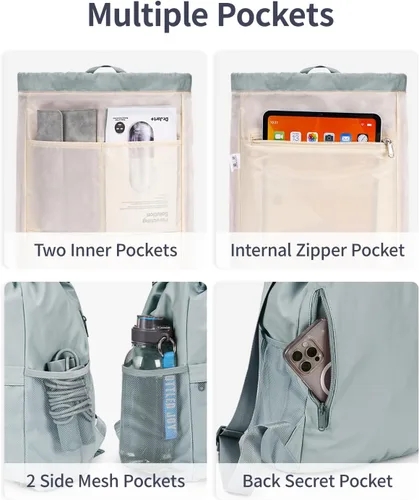 Vista 6 de WANDF Mochila con cordón para mujer, bolsa de gimnasio con correa para esterilla de yoga, resistente al agua, con bolsillo de malla, Gris