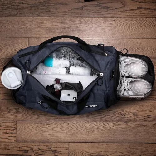 Vista 4 de Fitgriff Bolsa de gimnasio para hombres y mujeres con compartimento para zapatos y artículos húmedos, bolsa de lona para viajes, deportes, fitness