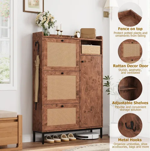 Vista 4 de GarveeHome Zapatero de ratán con 3 cajones abatibles y zapatero de almacenamiento de 4 niveles, organizador de zapatos independiente con estantes