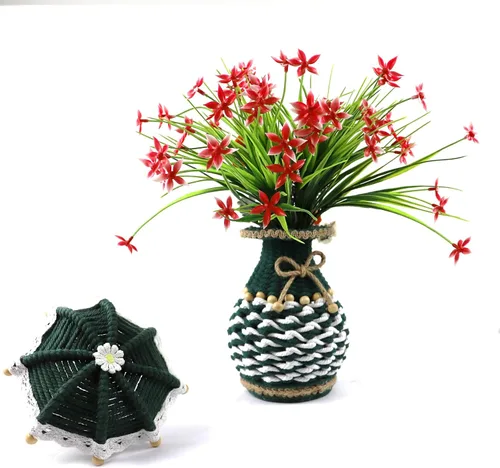 Vista 5 de Florero de cuerda de cáñamo rústico hecho a mano, jarrón rústico de cuerda de cáñamo tejida a mano para decoración del hogar de campo, decoración