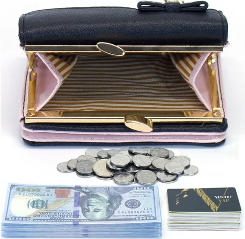 Vista 6 de SUMGOGO Cartera pequeña para mujer, lindo gato, colgante, tarjetero organizador para niñas, bolsillo frontal, monedero de cuero, A-Negro, Minimalista