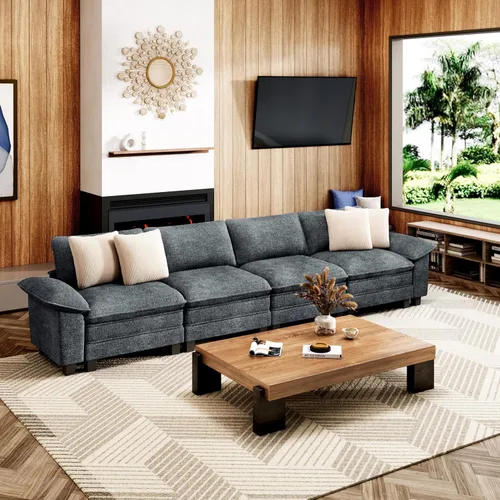 Vista 33 de Sofá seccional en forma de U de 123 pulgadas con cojines tipo nube, juego de sofá modular de asiento profundo con 5 asientos y 2 otomanos, brazos