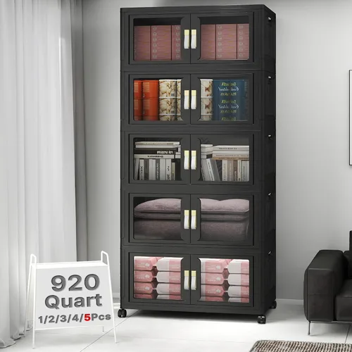 Vista 31 de Contenedor de almacenamiento apilable de 48 cuartos de galón con tapa, ruedas y puerta, organizador plegable de 12 galones para dormitorio, estudio