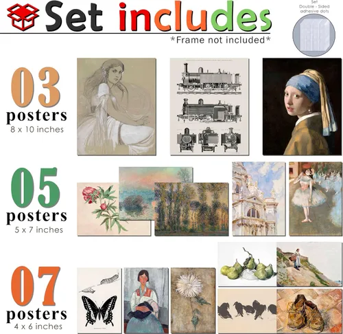 Vista 2 de LANCHI95 Juego de 15 piezas de arte de pared de obra maestra vintage, famosas reproducciones de pintura al óleo, impresiones de galería de pinturas