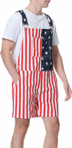 Vista 3 de Overol con estampado de bandera estadounidense para hombre, elástico, para el 4 de julio, con cremallera, con correa ajustable