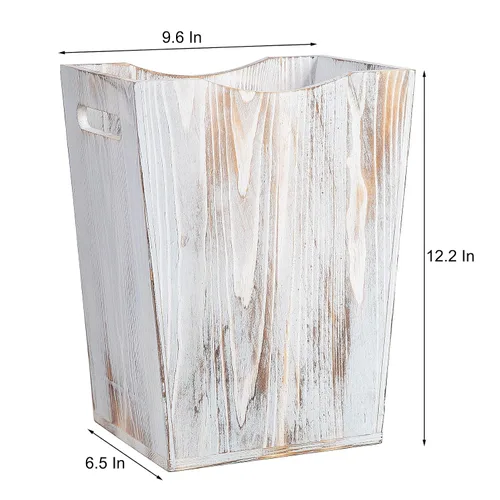 Vista 5 de Papelera rústica de madera estilo granja con dos asas recortadas para dormitorio, sala de estar, baño y oficina, contenedor de basura (blanco lavado)