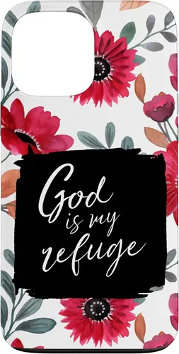 Vista 24 de God is My Refuge - Carcasa para iPhone 16, diseño de flores rojas con versículo bíblico del Salmo 91