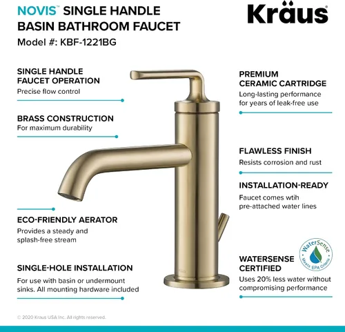 Vista 5 de KRAUS Ramus KBF-1221BG-2PK - Grifo de lavabo de baño de una sola manija con drenaje de varilla de elevación en oro cepillado