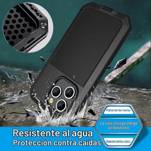 Vista 3 de Compatible con iPhone 15 Pro Max, funda protectora de cuerpo completo 360, resistente a los golpes, funda de metal de aleación de aluminio con Negro