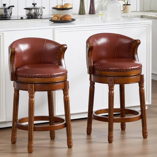 Vista 20 de RAINMOOD Taburete de bar, taburetes de bar giratorios de estilo moderno de mediados de siglo con asiento de cuero y patas de madera, silla