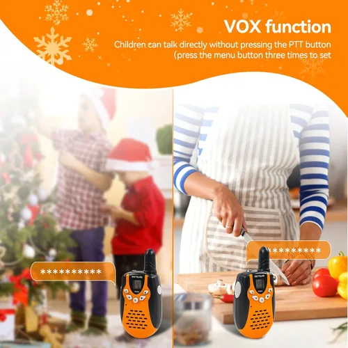 Vista 5 de Walkie Talkies Retevis para niños, recargables, 22 canales, FRS VOX, radio bidireccional para niños (naranja, 1 par)