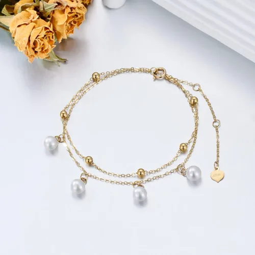 Vista 3 de Pulsera de oro macizo de 14 quilates para mujer, pulsera de perlas cultivadas de agua dulce de oro amarillo con doble cadena de regalo para ella