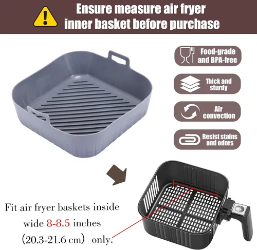 Vista 2 de Golden Associate Forros cuadrados de silicona para freidora de aire de 8 a 8.5 pulgadas, 2 unidades, antiadherentes, de grado alimenticio