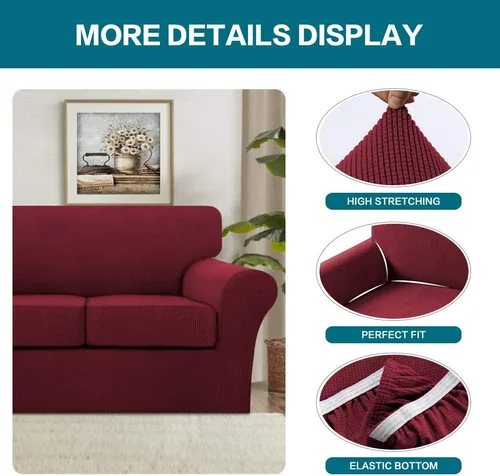 Vista 5 de Fundas de sofá de 4 piezas para sofá de 3 cojines individuales, paquete de 2 fundas para silla, color borgoña