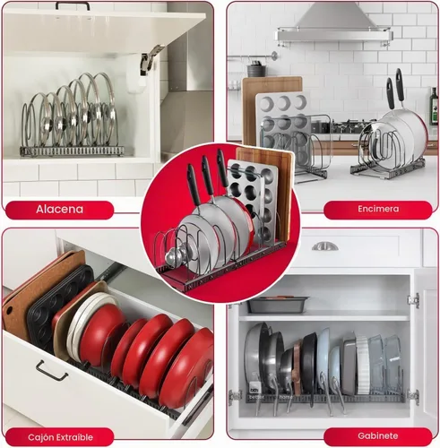 Vista 6 de BetterThingsHome - Soporte organizador de sartenes: se puede extender a 22.25 pulgadas, total 7 compartimentos ajustables. Gris Oscuro