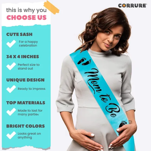 Vista 3 de CORRURE Baby Shower Mom to Be Faja para niño o niña – Hermosa cinta azul y texto de aluminio negro – Ideal para revelación de género, regalos