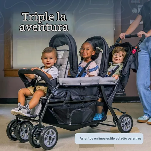 Vista 2 de Gaggle by Foundations Compass - Cochecito triple de 3 asientos, freno de pie, ruedas todo terreno que absorben golpes, fácil de plegar, color negro