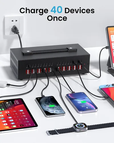 Vista 2 de Estación de carga USB~c de 300W, bloque de cargador USB de 40 puertos (20 USB A y 20 USB~C), estación de carga rápida para múltiples dispositivos