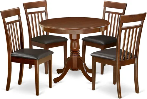 Vista 15 de East West Furniture AANCA5-MAH-W Juego de mesa de comedor de 5 piezas incluye una mesa de cocina redonda con pedestal y 4 sillas de comedor, 36 x 36