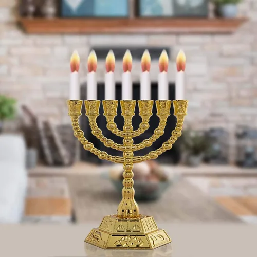 Vista 6 de Portavelas de Menorá de Hanukkah de 4.3" con 7 ramas para Shabat, Tabernáculo, Menorás para Janucá (dorado) Menorás de oro para Janucá, decoración